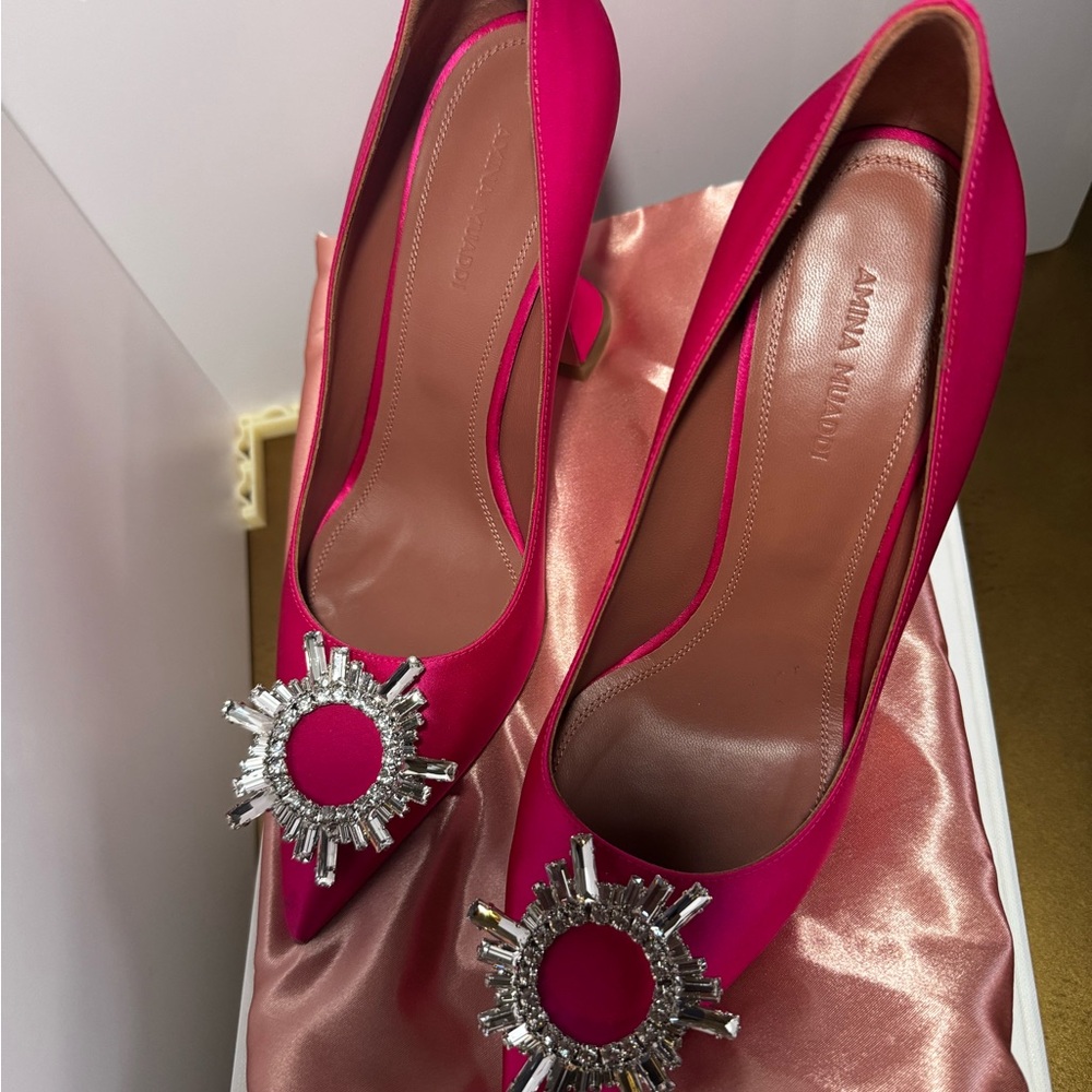 Amina Muaddi Fuchsia Crystal-Embellished Heels